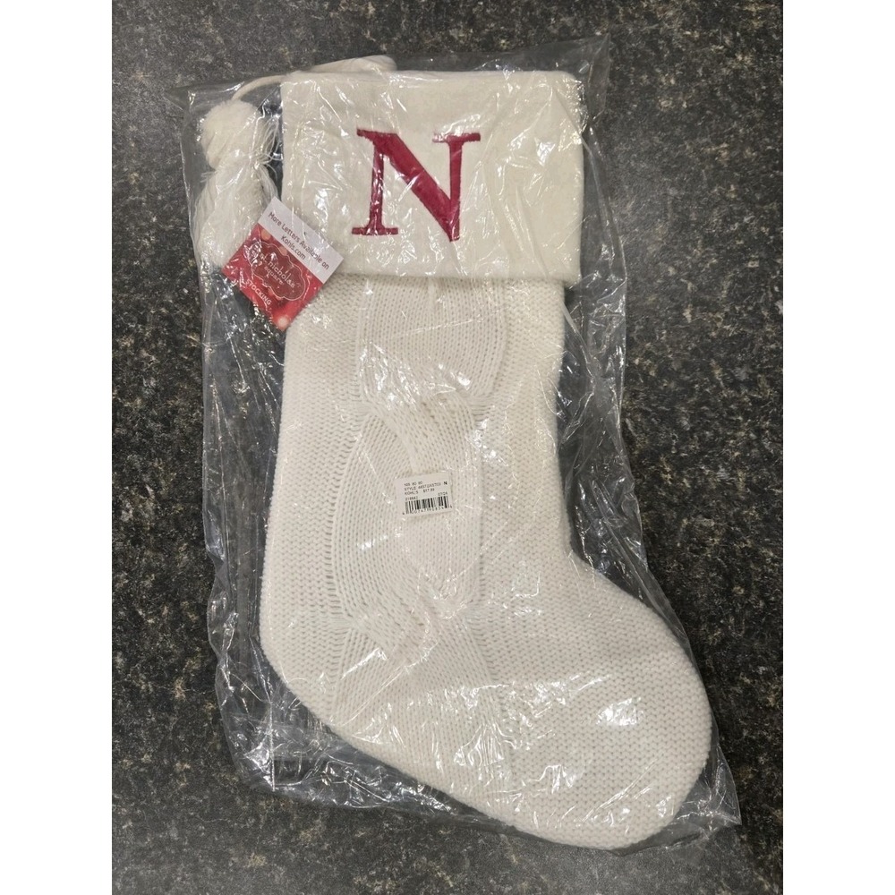 St. Nicholas Square Ivory Cable Knit Christmas Stocking Red "N" *NEW*
